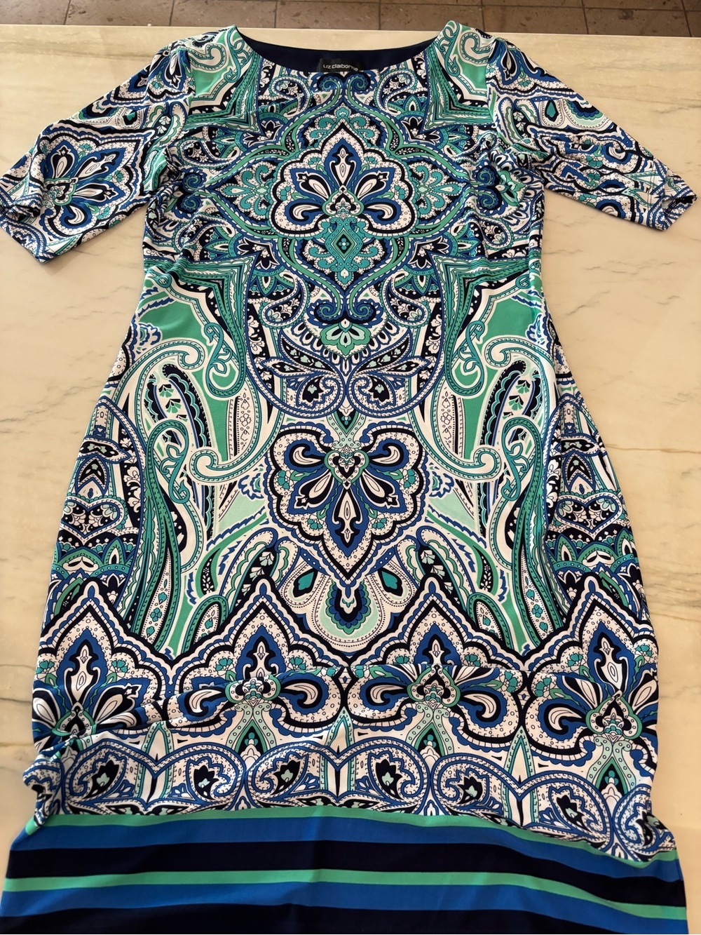 Liz Claiborne Printed Paisley Sheath Dress in Teal & Navy